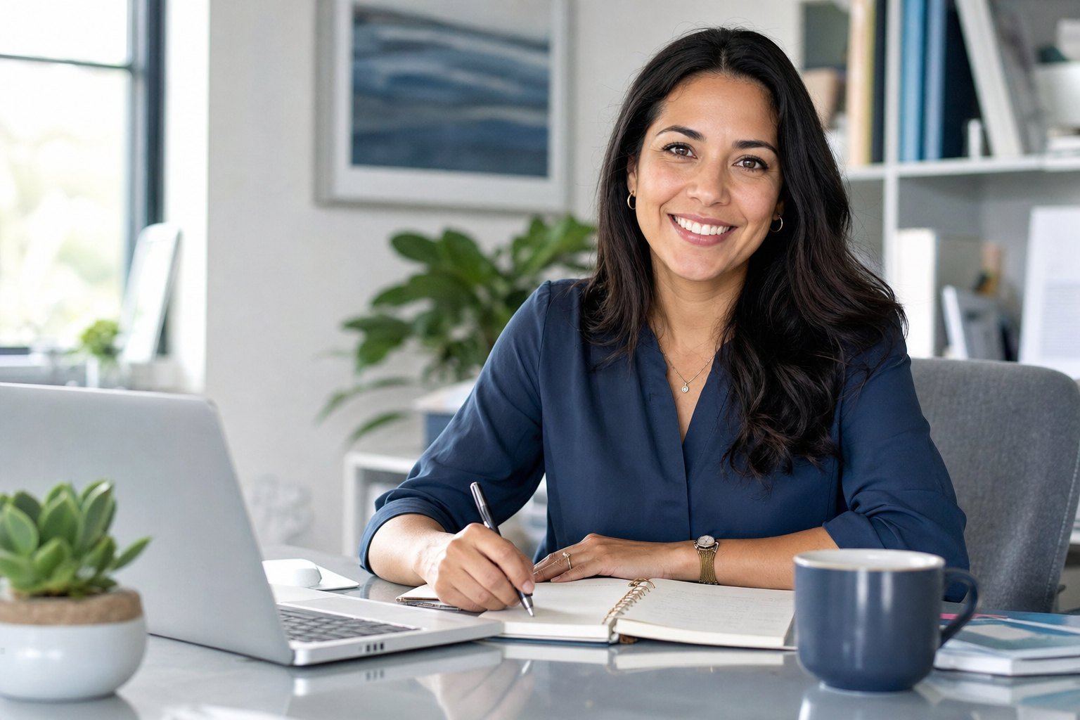 Smiling remote professional looking directly toward the camera from a bright home office