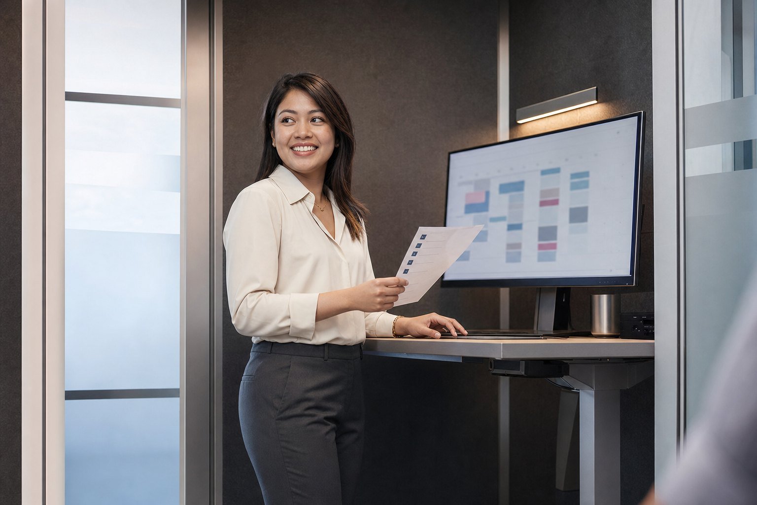 Remote professional smiling while coordinating a schedule beside an external monitor