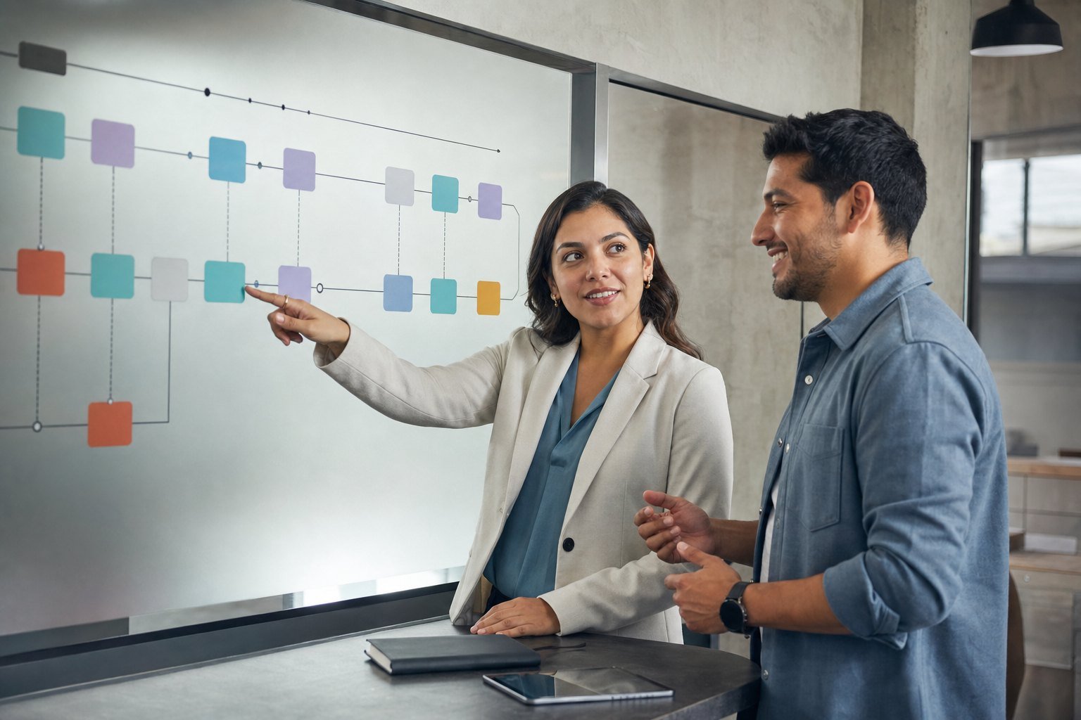 Two remote professionals smiling while mapping a workflow together in a modern studio