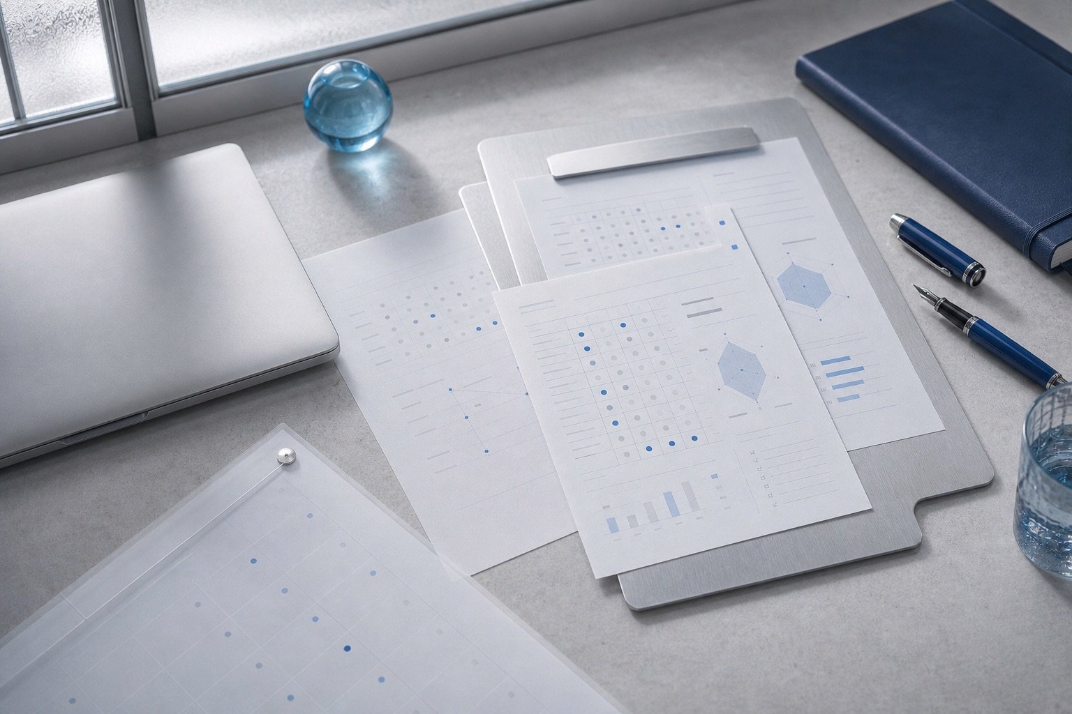 Premium hiring scorecards arranged on a brushed silver decision desk