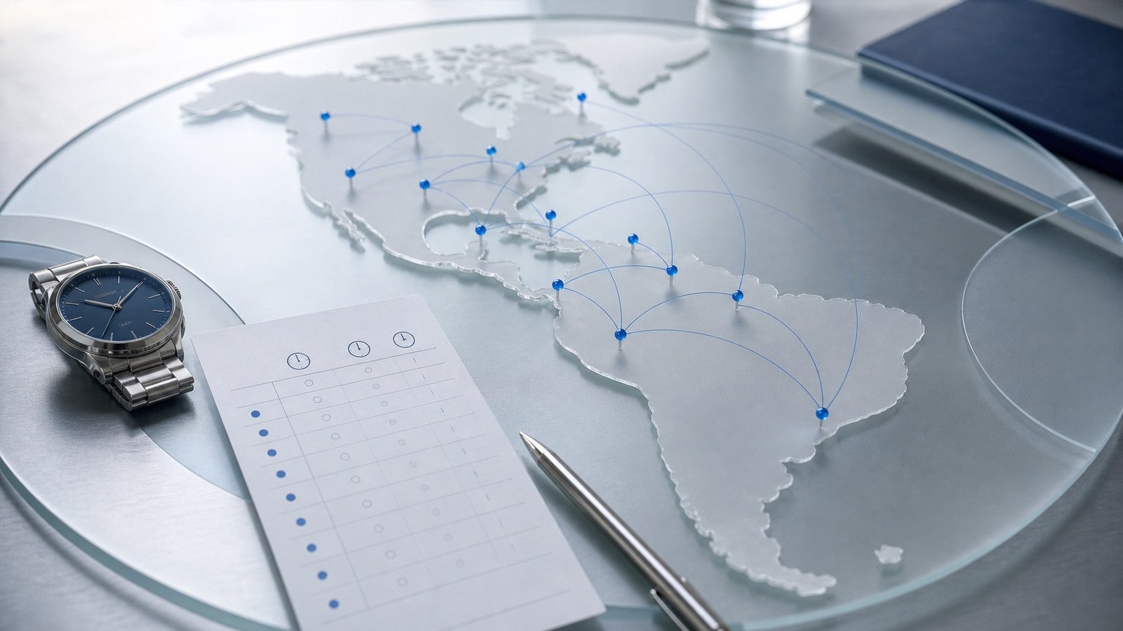 Frosted tabletop map of the Americas with blue connection pins and a silver watch
