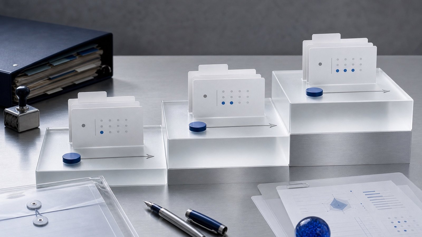 Three-stage onboarding pathway built from frosted acrylic blocks, folders, and blue markers